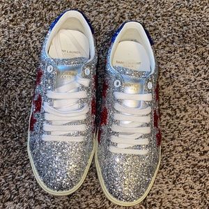 Womens Saint Laurent red blue and silver sneakers .